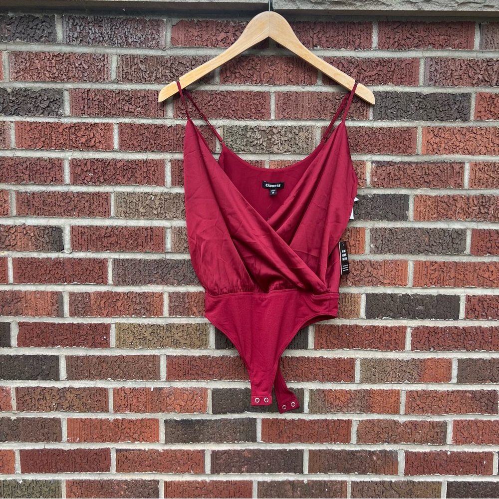 Express Burgundy Satin Like Surplice Spaghetti Strap Bodysuit